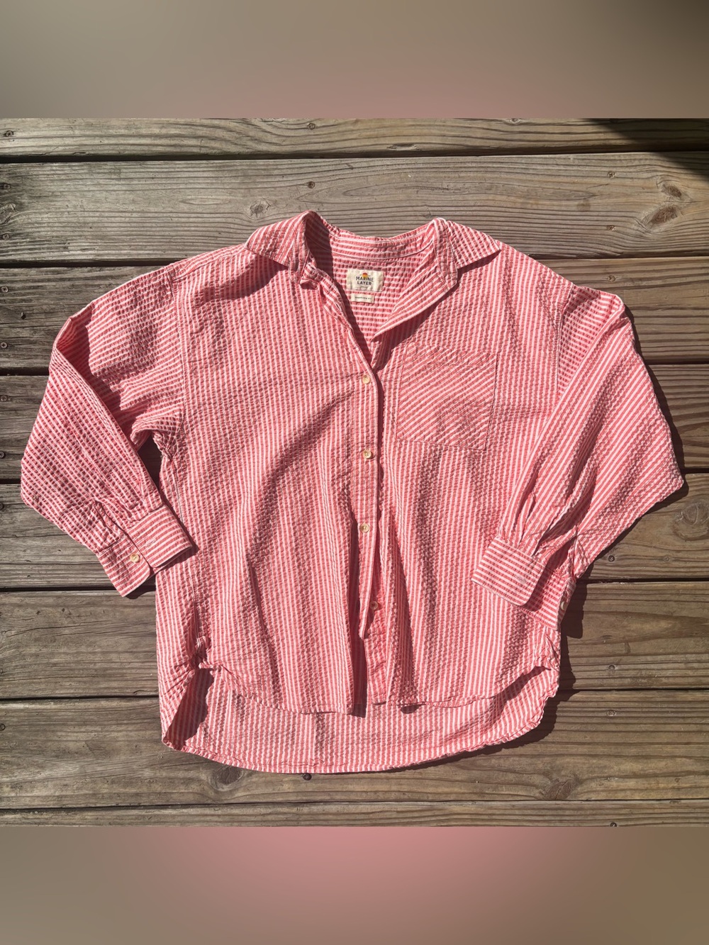 Marine Layer White and Coral Pink Oversized Seersucker Shirt